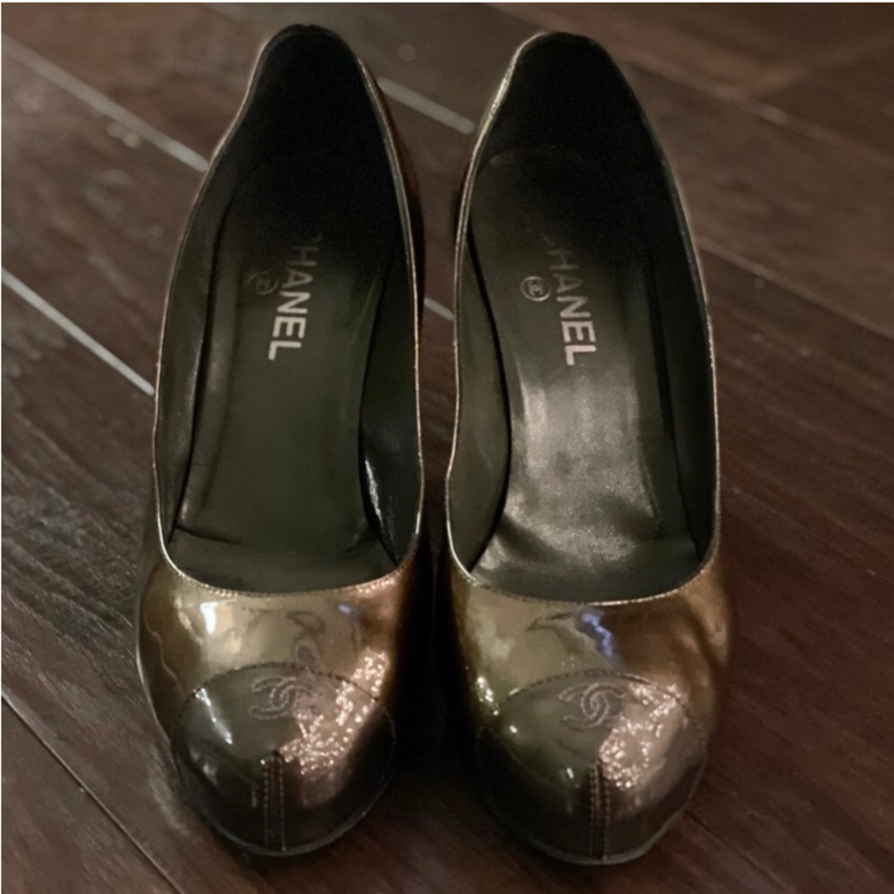 ISO Chanel multi patent copper gold round Toe heels with cross cc